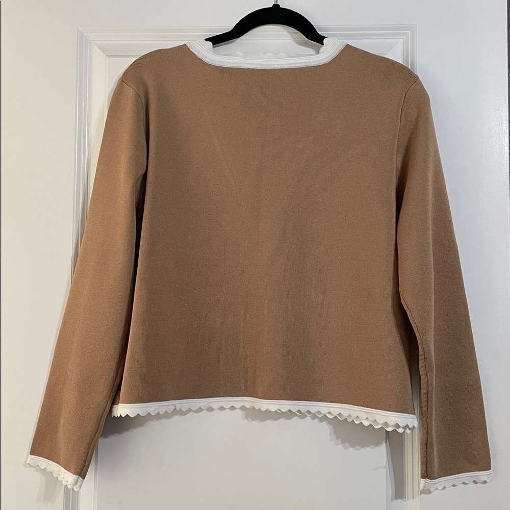 NVLT x Anthropologie Scallop Trim V Neck Cardigan Women's Size XL Camel NWOT - Picture 6 of 9